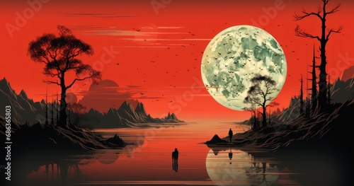 Fantasy alien planet. Surface of Mars. Red Planet. Mars. Mars Landscape. Fantasy Landscape with Silhouette of People and Big Moon. 2D illustration. Fantasy landscape.