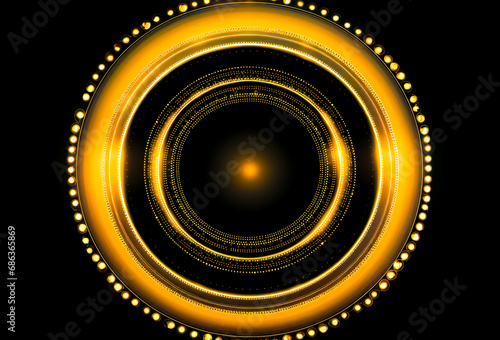 Circular gold frame with black background and light bulb in the center.