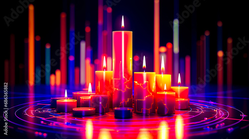 Group of lit candles sitting on top of table next to each other.