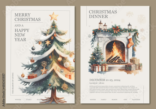 Merry Christmas and Happy New Year 2024, Watercolor Posters, Menu or Invitation card for Print. Editable vector files with Festive Watercolor objects. A Cozy and Warm feeling for the Holidays.