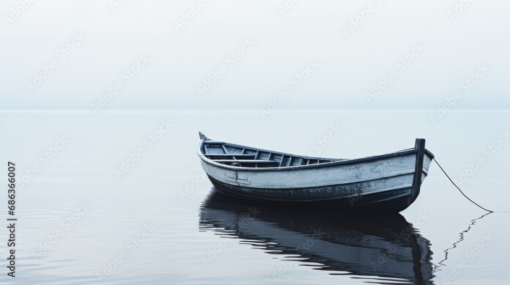 Lone Rowboat on Calm Water with Hazy Horizon
