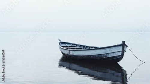 Lone Rowboat on Calm Water with Hazy Horizon 