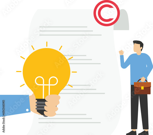 Man with light bulb and legal certificate for intellectual property concept. Intellectual Property Protection Litigation. Patent Law Fighting Copyright. Cartoon Flat Vector Illustration

