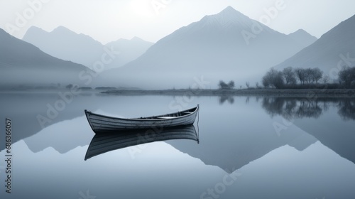 Serene Canoe on a Misty Mountain Lake at Dawn