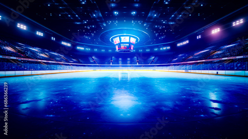 Empty ice rink with lights on the ceiling and hockey rink in the middle. photo