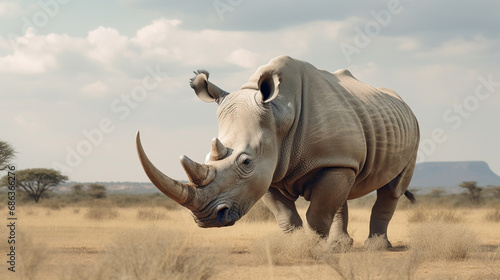 rhinoceros grazing in an open field. A white rhino. generative ai