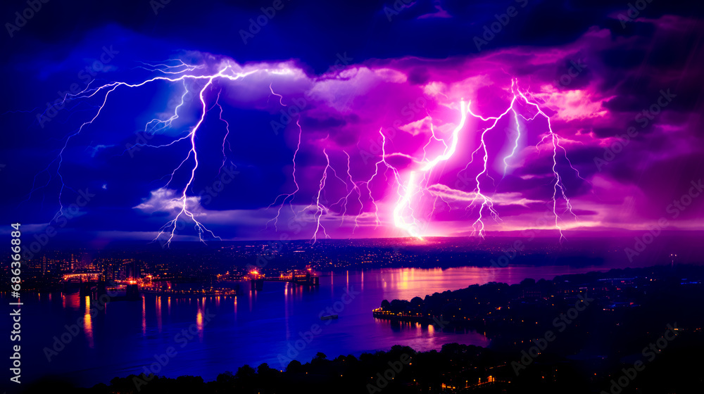Lightning storm over city and body of water with boat in the foreground.