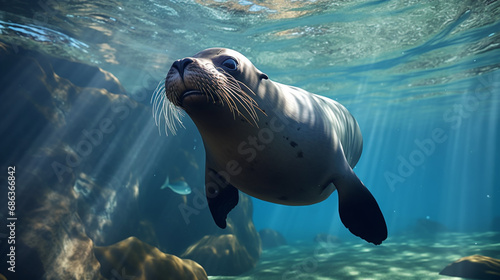 Sea lion swimming underwater. A beautiful sea lion seal enjoying the rays of the sun. generative ai