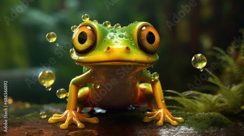  a green frog sitting on top of a tree branch in front of a green frog sitting on top of a tree branch.