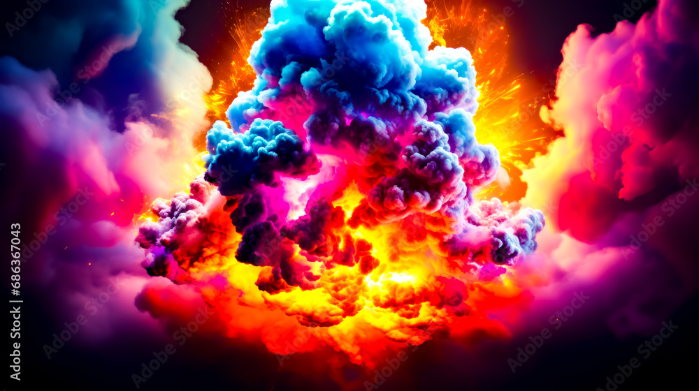 Colorful cloud of smoke is shown in this artistic photo with black background.