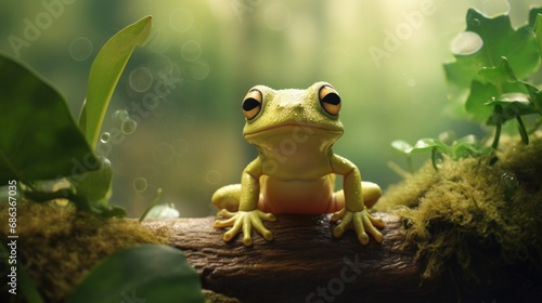  a close up of a green frog with a blurry background and a blurry image of a plant with a blur background © Anna