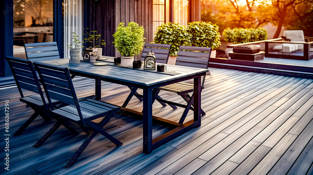 Table and chairs on wooden deck with potted plants on it.