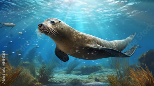 A beautiful sea lion seal enjoying the rays of the sun. Sea lion swimming underwater. generative ai © Witri
