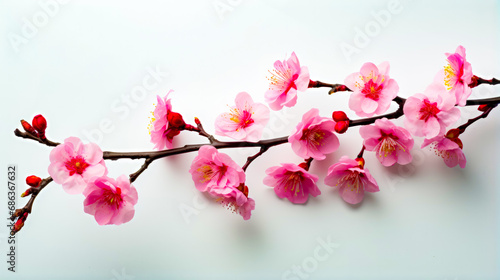 Branch with pink flowers on it on white background with space for text.