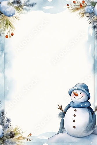 Watercolor snowman in a winter wonderland vertical orientation with a large blank space in the center for copy perfect for notebook page.
