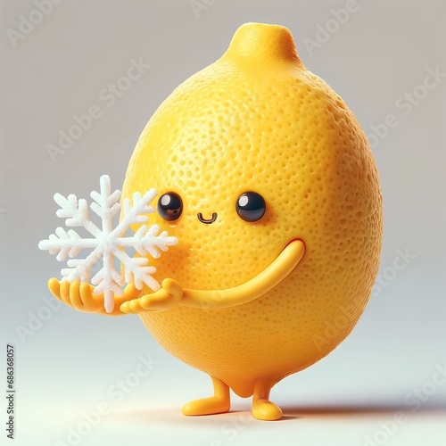 Cheerful lemon character holding a snowflake in his hands