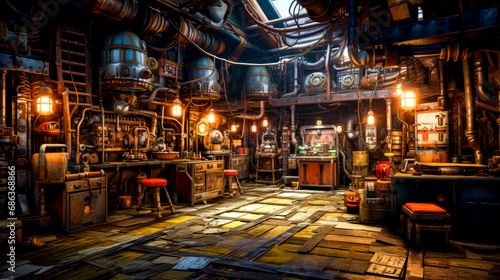 Room filled with lots of wooden furniture and lots of steampunk. photo