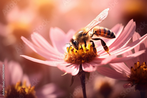 A close-up of a honey bee on a pink flower © paul
