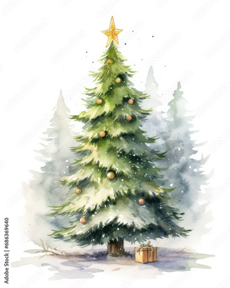 Watercolor painting of a festive Christmas tree on a white background