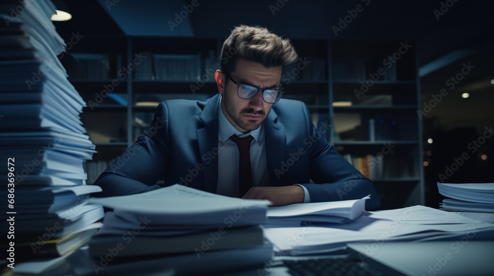 man overwhelmed by paperwork at night, symbolizing work-related stress and long hours. His exhausted and frustrated demeanor captures the demanding nature of corporate jobs, organizational solutions man overwhelmed by paperwork at night, symbolizing work-related stress and long hours. His exhausted and frustrated demeanor captures the demanding nature of corporate jobs, organizational solutions