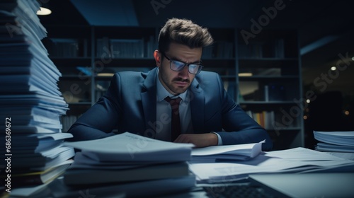 man overwhelmed by paperwork at night, symbolizing work-related stress and long hours. His exhausted and frustrated demeanor captures the demanding nature of corporate jobs, organizational solutions