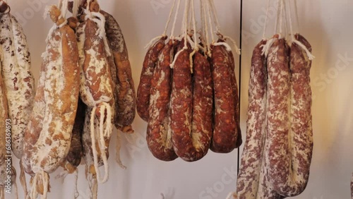 Homemade uncooked black blood spanish sausages on festival market, traditional food in spain