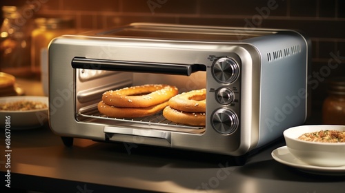 A sleek silver toaster oven toasting a delicious bagel.