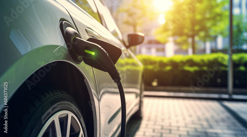 Eco-Friendly Transportation: Close-Up of Electric Vehicle Charging at Station © Mix Creative