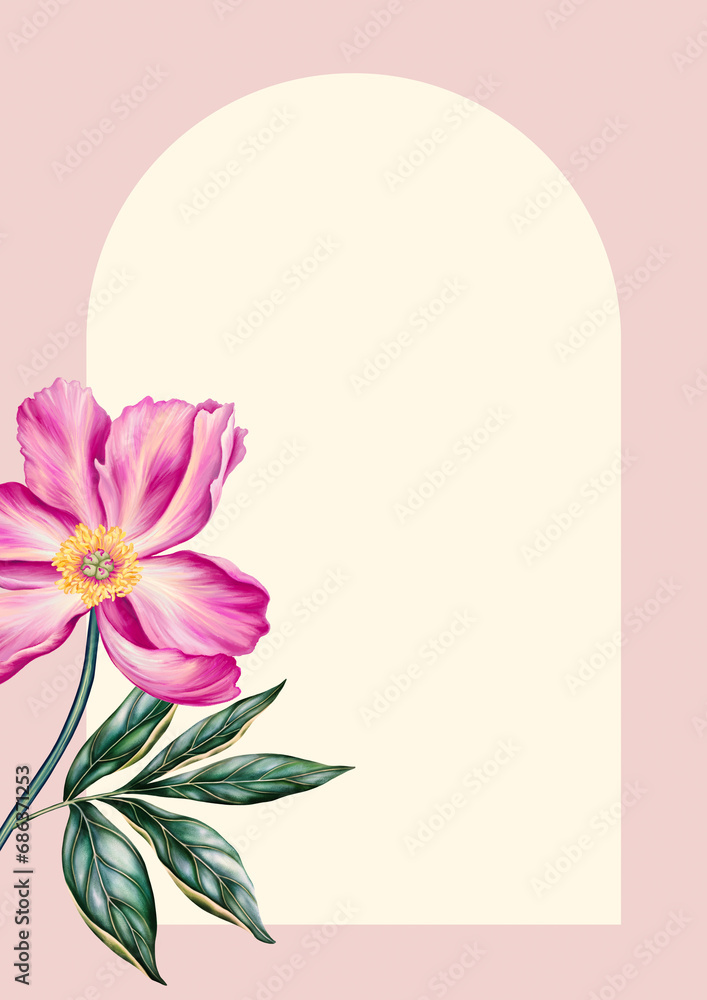A4 template for text with beautiful peony. Frame or border with pink flower with leaves. Realistic high quality botanical illustration for romantic pretty wedding invitation, greeting card, cosmetic.