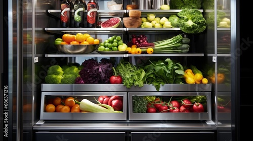 A sleek stainless steel refrigerator filled with fresh fruits and vegetables.