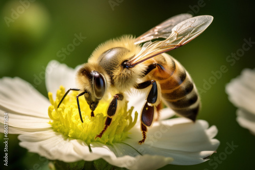 A close-up of a honey bee on a white flower