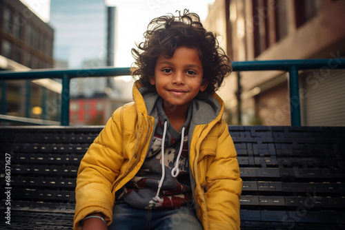 portrait of a child of indian origin sitting outdoors in a a big city, buildings in background, wearing a yellow coat, smiling, cute boy, diversity, multicultural, casual, india, usa