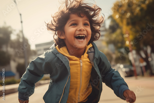 child running outdoors in sunlight in a city, happy thrilled smiling laughing kid, on the move, with intense expression, wearing blue jacket, yellow hoodie, excited, brown, indian