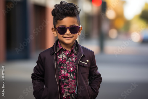 portrait of a child wearing sunglasses, jacket and shirt, indian origin, standing outdoors in a street of a big city, smiling, cute boy, diversity, multicultural © Oliver Evans Studio