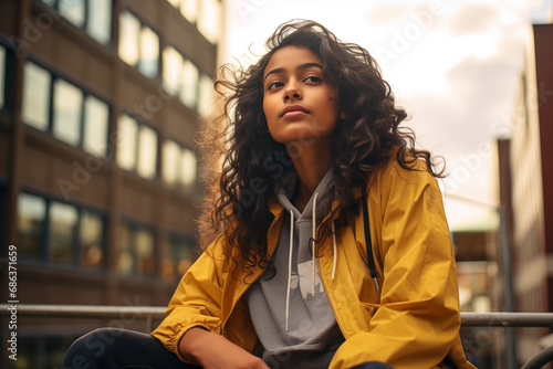 beautiful woman, teenager, low angle shot, in a big city, near a building, wearing a yellow jacket and hoodie, indian origin, sitting outdoors, smiling, pretty, diversity photo