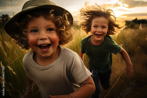children playing in the field, nature, countryside, running outdoors in sunlight, happy thrilled laughing boys, intense expression, wearing tshirt and hat, excited, long curly hair, cheerful, friends