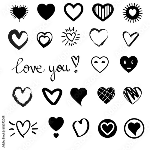 Lettering LOVE and YOU. Different hearts collection. Vector heart set, simple flat design, different brush textures