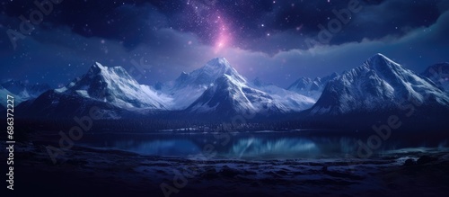 Night sky, flashes of the milky way, mountain peaks in a blanket of snow