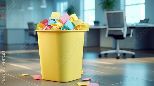 a office trash can filled with post it notes, sticky notes