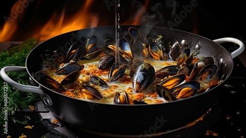 mussels cooking in broth and garlic on the stove, 