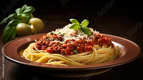 a white bowl with spaghetti and meat sauce and cheese 