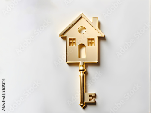 housewarming concept, golden key in the shape of a house top view, flatlay photo