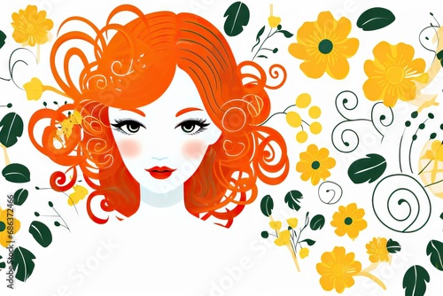 floral mature red haired woman folk style  on the white background  