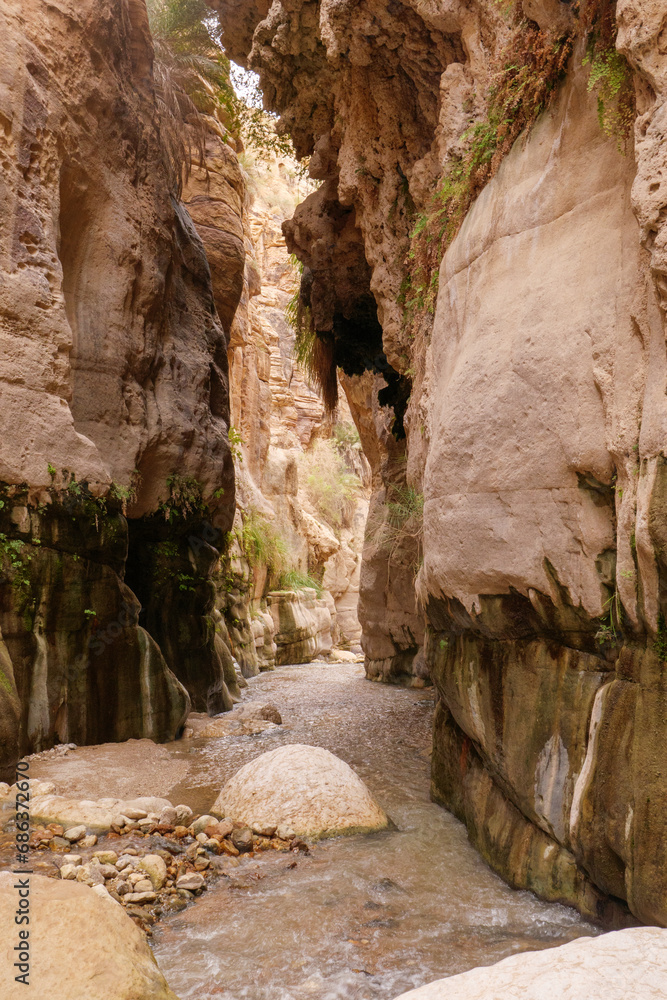 Wadi Bin Hammad eine steile Schlucht mit flachem warmen Wasser und üppiger Vegetation liegt etwas nördlich von Kerak und gut 2 Fahrstunden enfernt von Amman, Jordanien.