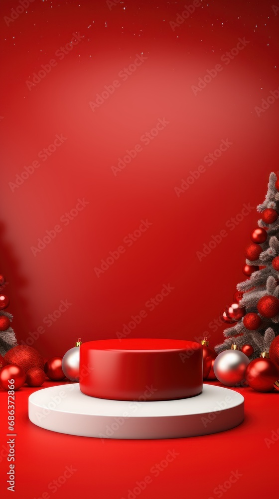 Minimalist Christmas red and white display, podium mockup. A festive holiday composition with red Christmas trees, baubles, and a circular frame against a vivid red background. Minimalist Christmas red and white display, podium mockup. A festive holiday composition with red Christmas trees, baubles, and a circular frame against a vivid red background.