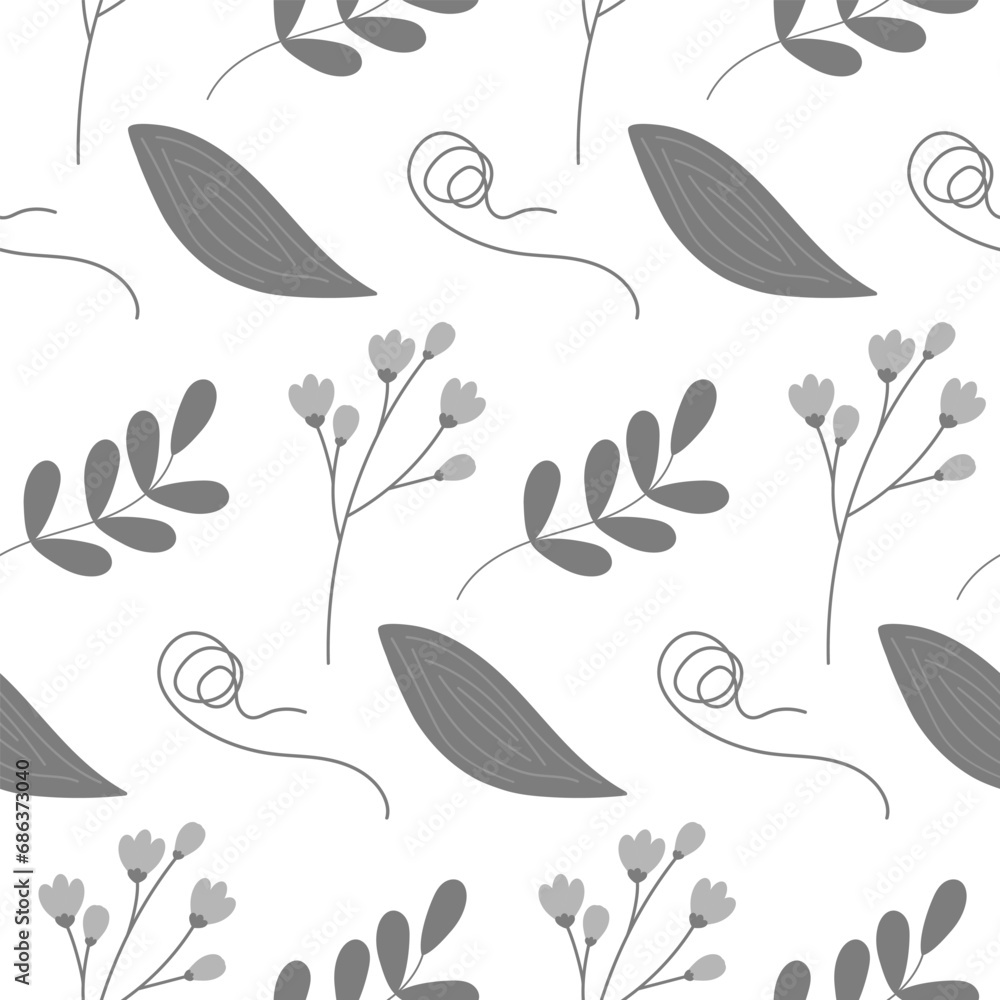 Seamless pattern of spathiphyllum leaf and curled branch with flowering twigs in grayscale. Isolate Seamless pattern of spathiphyllum leaf and curled branch with flowering twigs in grayscale. Isolate
