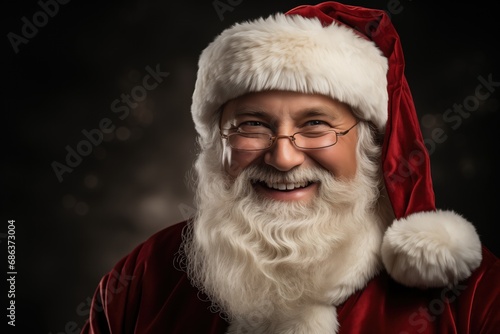 Portrait of happy and smiling Santa Claus in eyeglasses on blurred dark background generative Ai