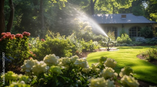 A smart sprinkler system watering a lush and vibrant garden in the backyard.