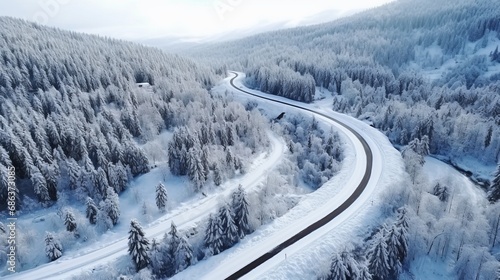 Natural winter landscape from air. Aerial view on the road and forest at the winter time.Generated AI. 