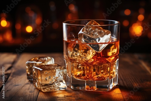 professional shot a glass containg 2 ounces of scotch or bourbon poured over ice cubes photo